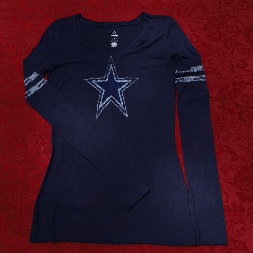 Cowboys Long Sleeve Shirt Womens Medium Navy Blue Good Distressed Graphic Tee